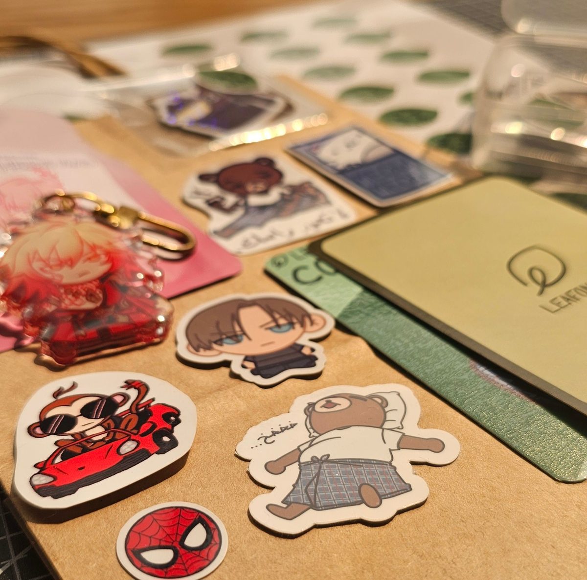 Leafswap stickers, acrylic keychains and sticker sheets